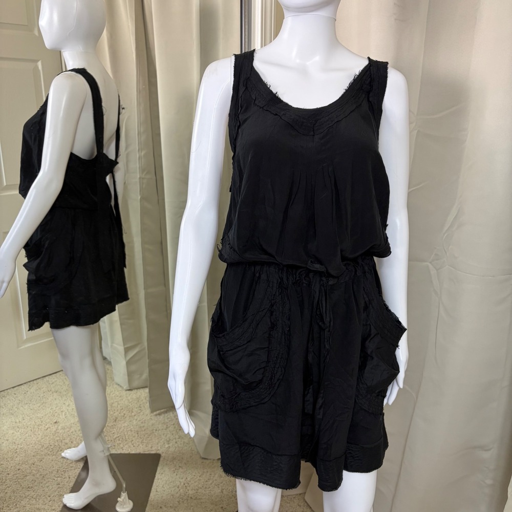 Wilster Black 100% Silk Raw Edge Mini Dress Drawstring Waist Pockets Size 3